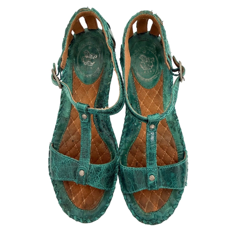 Ariat Teal Green Leather T-Strap Wedge Sandals ASC Cushioning Womens 8